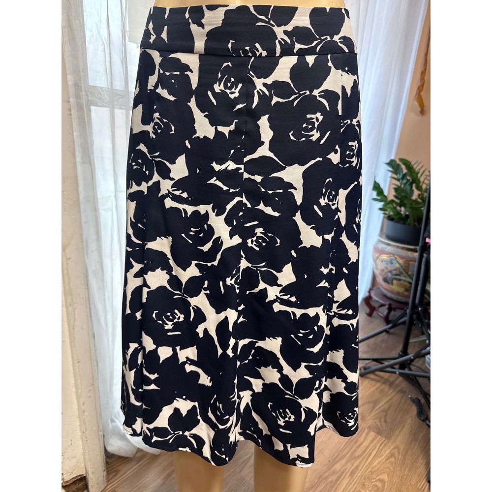 Navy Blue Cream Floral Rose Print A-Line Midi Skirt High Waisted Side Zip